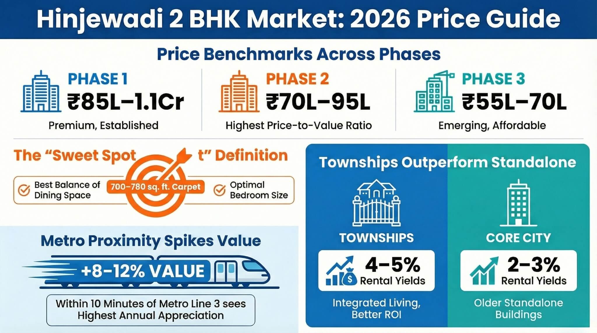 Infographic chart comparing 2026 price trends of 2 BHK flats in Hinjewadi Phase 1, Phase 2, and Life Republic township, showing premium vs budget segments.